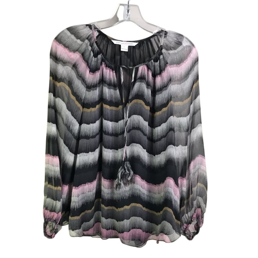 Dvf Diane Von Furstenberg Saylor Chiffon Blouse Womens 2 Tassel Top Black Pink